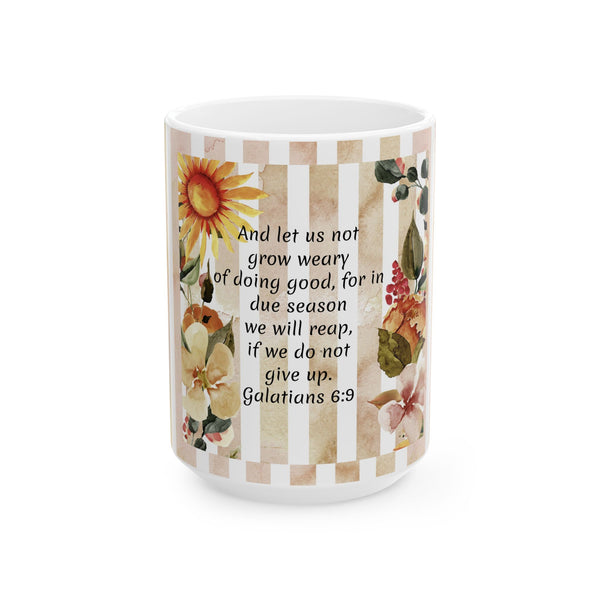 Christian Coffee Mug – Sunflower Floral Cup with Galatians 6:9 Bible Verse