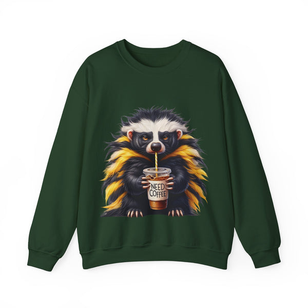 Green sweatshirt with a raccoon holding a coffee cup design on a white background