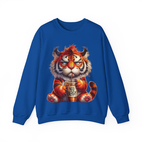 Funny Coffee Tiger Sweatshirt “Need Energy” Unisex Cozy Fall Pullover Sweater