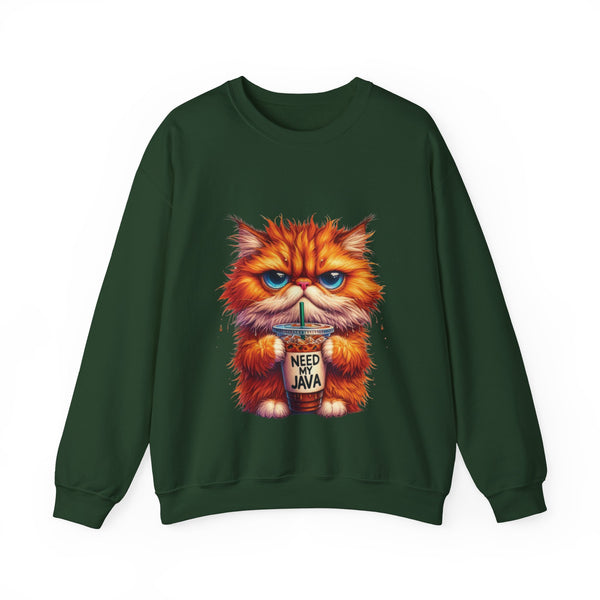 Green sweatshirt with a cartoon cat holding a coffee cup on a white background