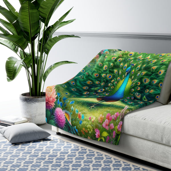 Gift for Gardeners Peacock Sherpa Fleece Blanket Throw