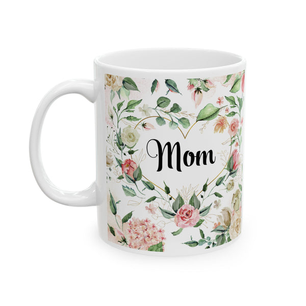 White mug with floral design and 'Mom' text on a white background