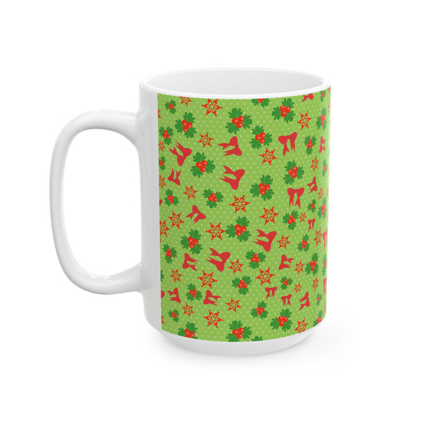 Christmas Green Floral Pattern Ceramic Coffee Mug – Holiday Gift Dishwasher Safe