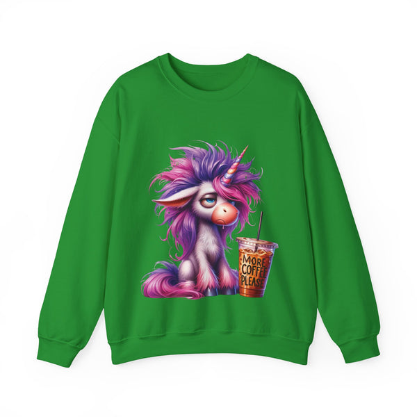 Green sweatshirt with a cartoon unicorn holding a coffee cup on a white background