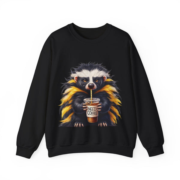 Black sweatshirt with a raccoon holding a 'Need Coffee' cup design on a white background