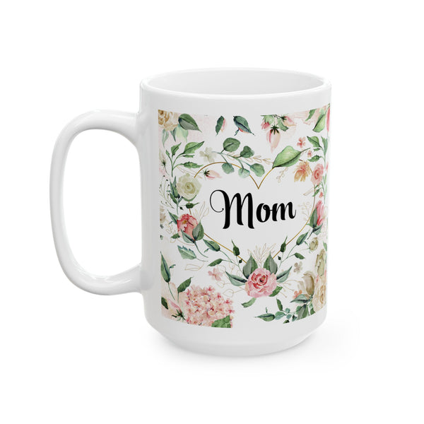White mug with floral design and 'Mom' text on a white background