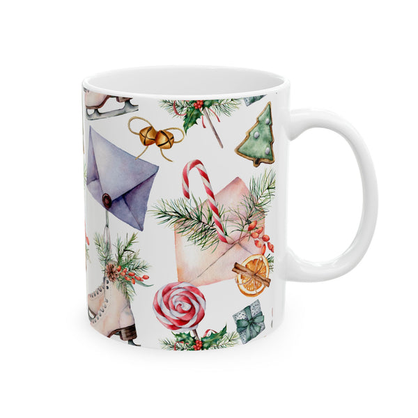 Christmas Gift Coffee Mug Holiday Ceramic Cup with Skates, Cookies & Candy Canes