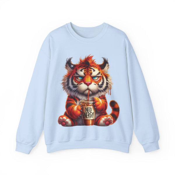 Funny Coffee Tiger Sweatshirt “Need Energy” Unisex Cozy Fall Pullover Sweater