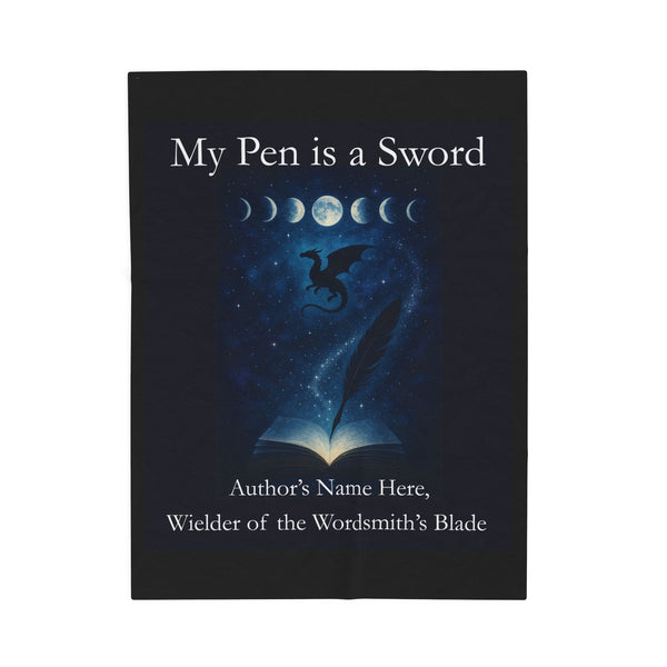 Book cover with dragon, moon phases, and 'My Pen is a Sword' text on a dark background