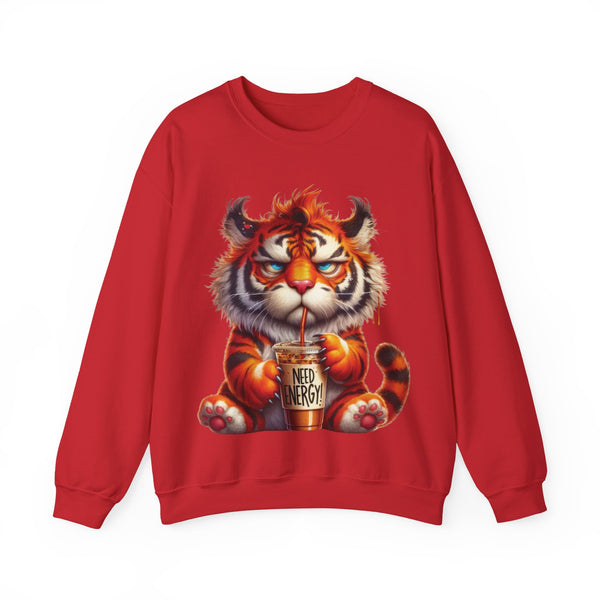 Funny Coffee Tiger Sweatshirt “Need Energy” Unisex Cozy Fall Pullover Sweater