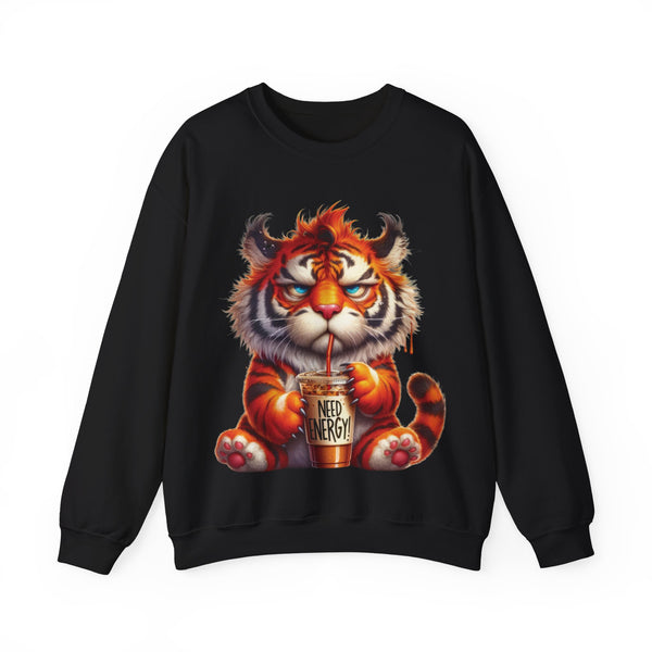 Funny Coffee Tiger Sweatshirt “Need Energy” Unisex Cozy Fall Pullover Sweater