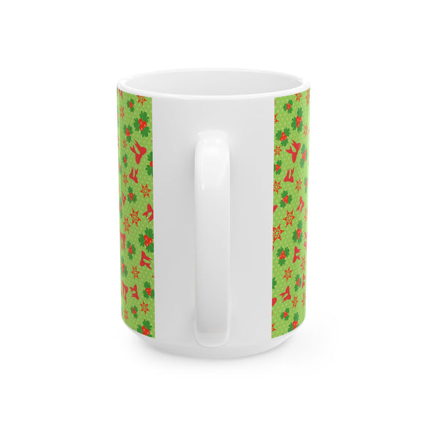 Christmas Green Floral Pattern Ceramic Coffee Mug – Holiday Gift Dishwasher Safe