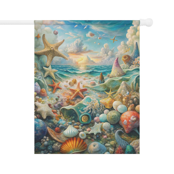 Decorative flag with a colorful underwater scene featuring sea creatures and shells.