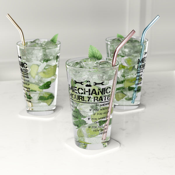 Gift for Gearheads Mechanic Rates Funny Pint Glass, 16oz Beer Tumbler