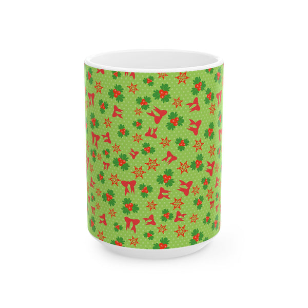 Christmas Green Floral Pattern Ceramic Coffee Mug – Holiday Gift Dishwasher Safe