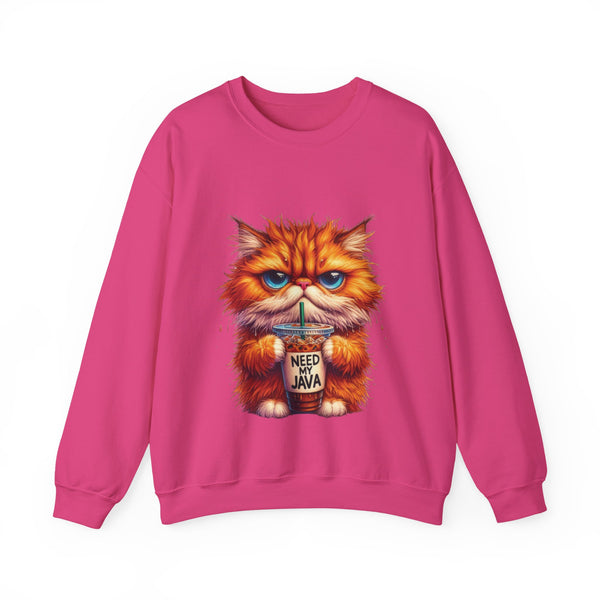 Pink sweatshirt with a cat holding a coffee cup graphic on a white background