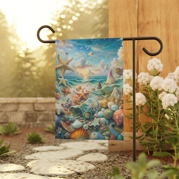 Decorative garden flag with ocean-themed design on a stand outdoors.
