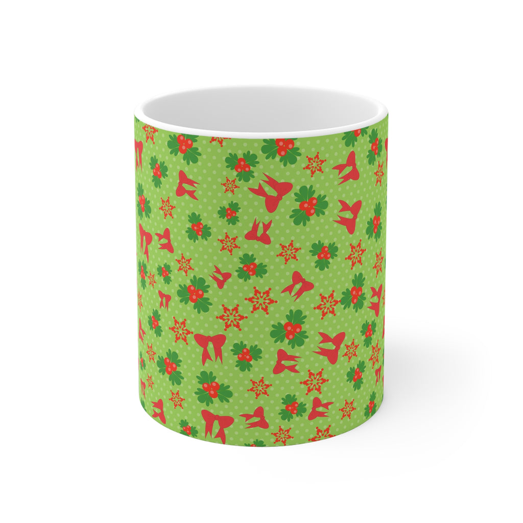 Christmas Mug with Holly and Red Bows Holiday 2 Sizes Dishwasher Safe 