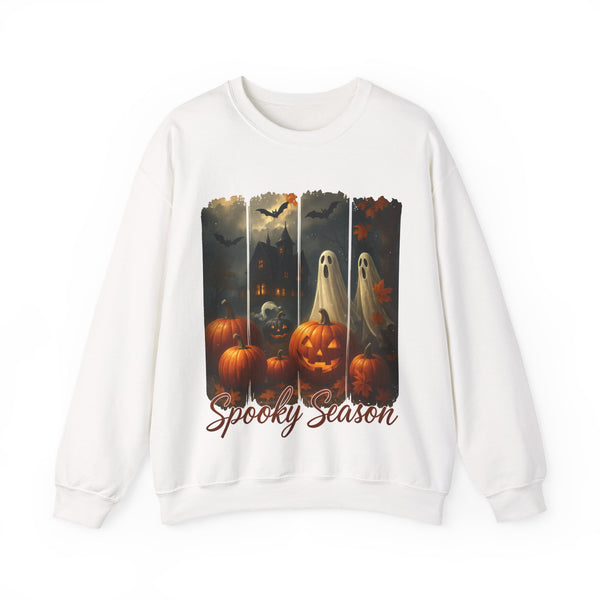 White sweatshirt with Halloween-themed design featuring pumpkins and ghosts on a white background