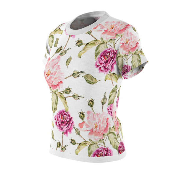Pink Rose Women's Cut & Sew Tee (AOP) Shirt Lightweight Floral Pattern