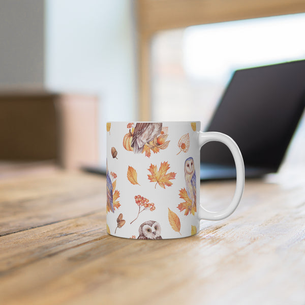 Autumn Owls Fall Leaves Coffee Mug 2-Sizes 11oz/15oz Dishwasher Microwave Safe