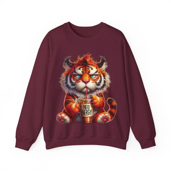 Funny Coffee Tiger Sweatshirt “Need Energy” Unisex Cozy Fall Pullover Sweater