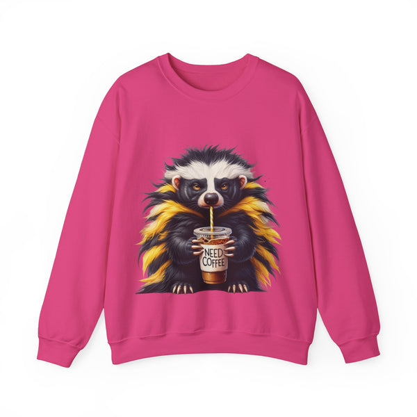 Pink sweatshirt with a raccoon graphic holding a 'Need Coffee' cup on a white background