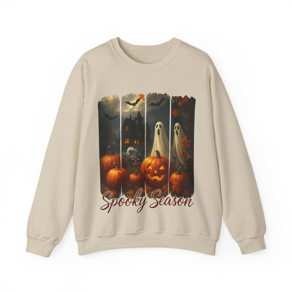 Beige sweatshirt with Halloween-themed design featuring pumpkins and ghosts on a white background.