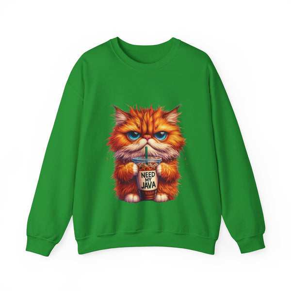 Green sweatshirt with a cartoon cat holding a coffee cup on a white background