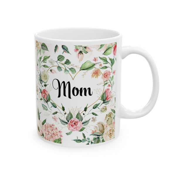 Mug with floral design and 'Mom' text on a white background