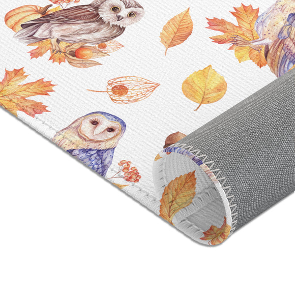 Autumn Owls Fall Leaves Area Rugs 3 Sizes Durable Hemmed Edge