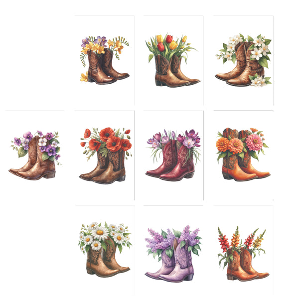 10 handmade greeting cards with cowgirl boots and flowers