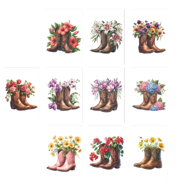 10 handmade cowgirl boots and flowers greeting cards