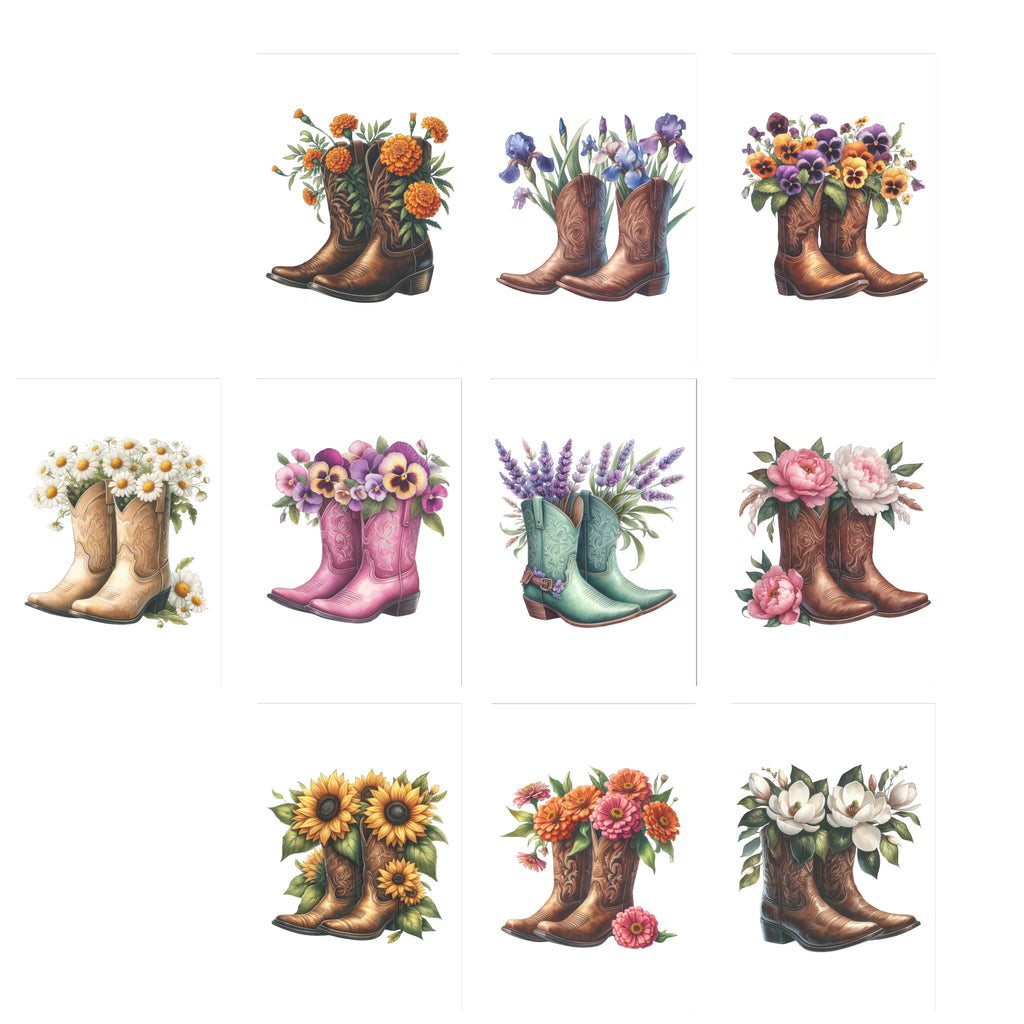 10 handmade cowgirl boots and flowers greeting cards notecards