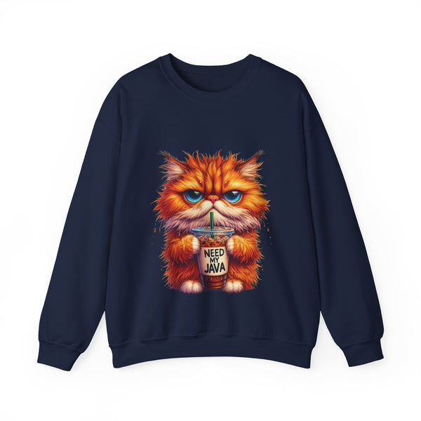 Navy blue sweatshirt with a cartoon cat holding a coffee cup on a white background
