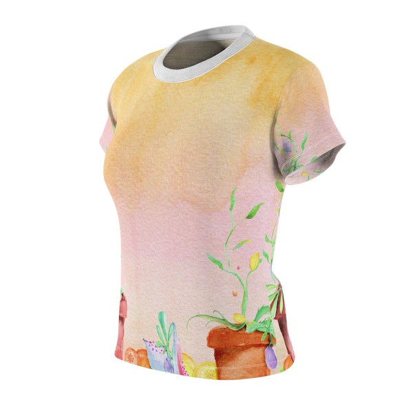 Watercolor Pink Yellow Potted Plants Women's Cut & Sew Tee (AOP)
