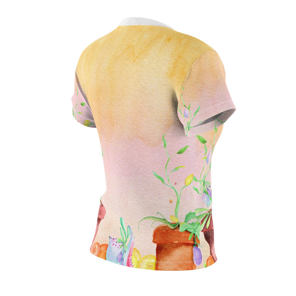 Watercolor Pink Yellow Potted Plants Women's Cut & Sew Tee (AOP)