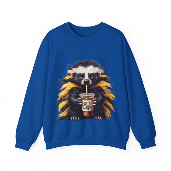 Blue sweatshirt with a raccoon graphic holding a coffee cup on a white background