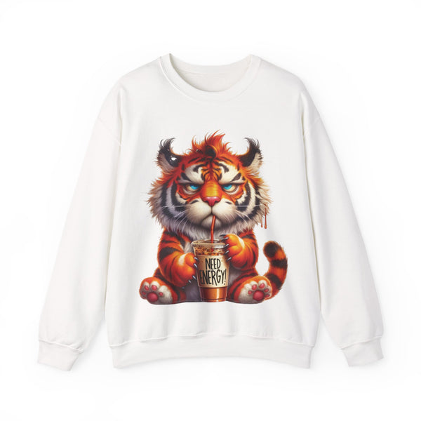 Funny Coffee Tiger Sweatshirt “Need Energy” Unisex Cozy Fall Pullover Sweater