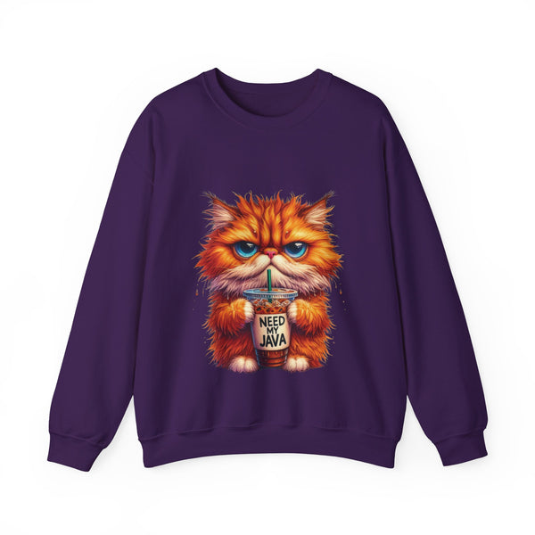 Purple sweatshirt with a cartoon cat holding a coffee cup and 'Need My Java' text on a white background