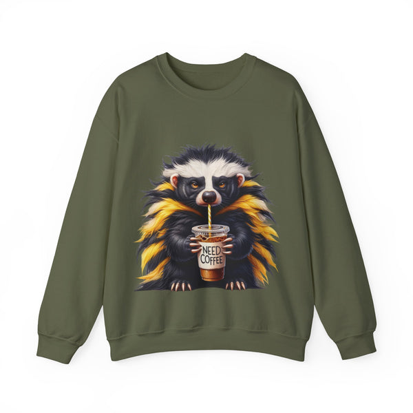 Green sweatshirt with a raccoon holding a 'Need Coffee' cup design on a white background