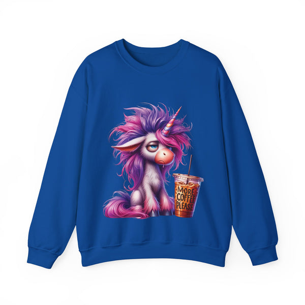 Blue sweatshirt with a unicorn and coffee cup graphic on a white background
