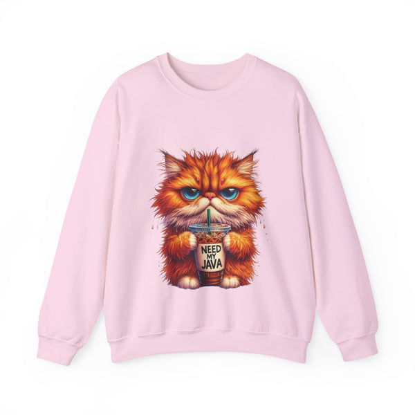 Pink sweatshirt with a cat graphic holding a coffee cup on a white background