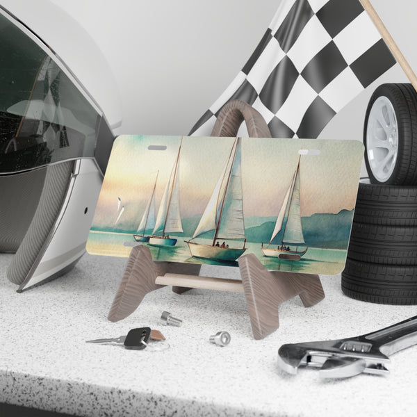Decorative license plate with sailboat design on a stand, surrounded by car parts and tools.