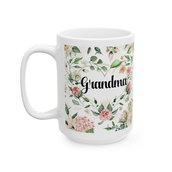 White mug with floral design and 'Grandma' text on a white background