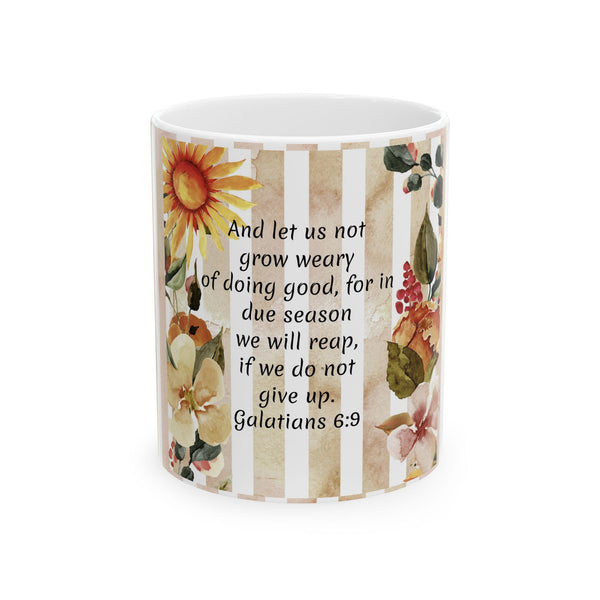 Christian Coffee Mug – Sunflower Floral Cup with Galatians 6:9 Bible Verse