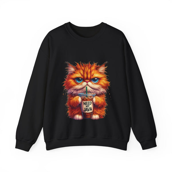 Black sweatshirt with a cartoon cat holding a coffee cup and 'Need My Java' text on a white background