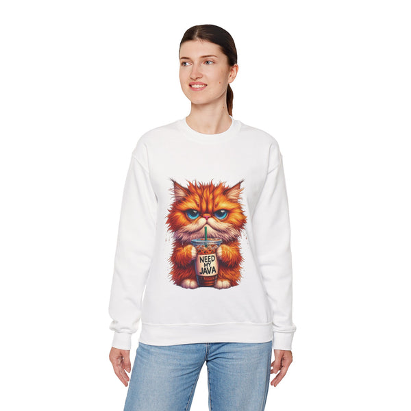 Person wearing a white sweatshirt with a graphic of a cat holding a sign that says 'Need Java' on a white background