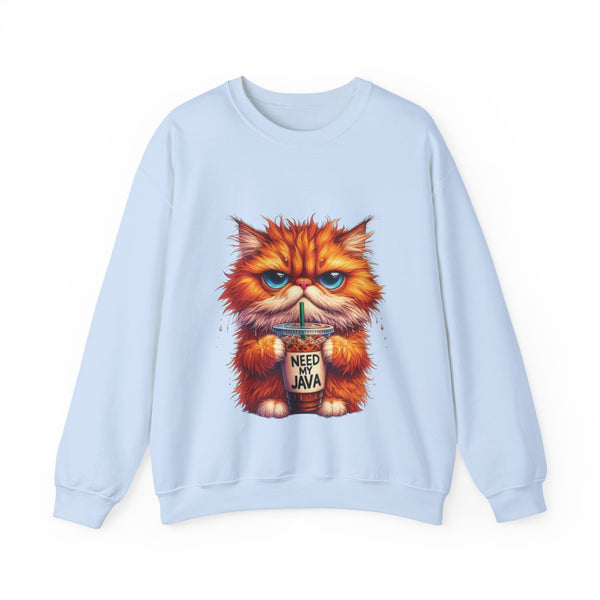 Light blue sweatshirt with a cartoon cat holding a coffee cup on a white background
