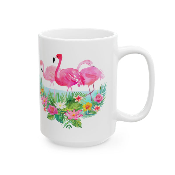 Pink Flamingo Coffee Mug Tropical Flowers Ceramic Cup, 11oz/15oz Dishwasher Safe